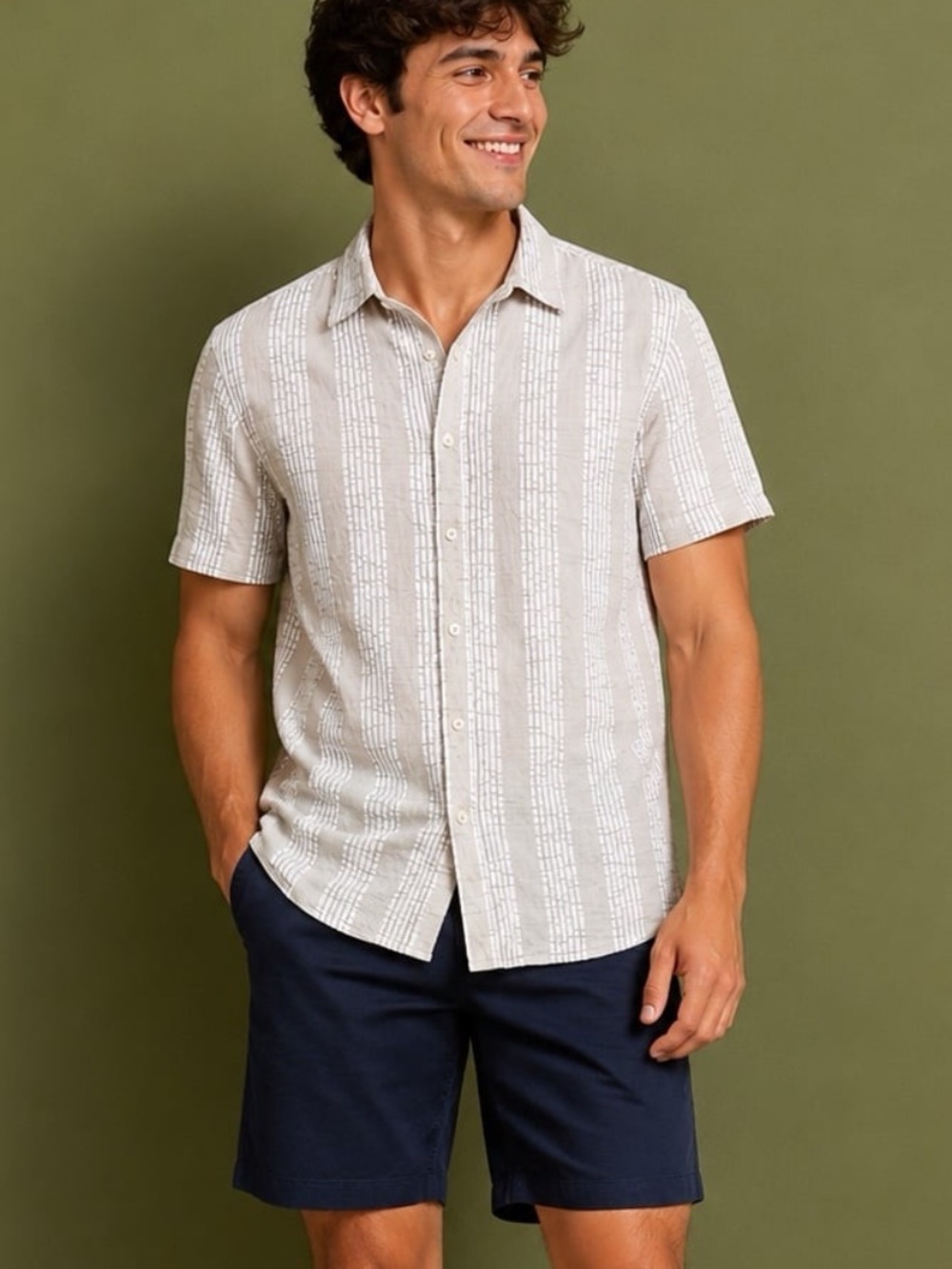 Michael Kors Beige Short Sleeve Button-Down with White Stripe